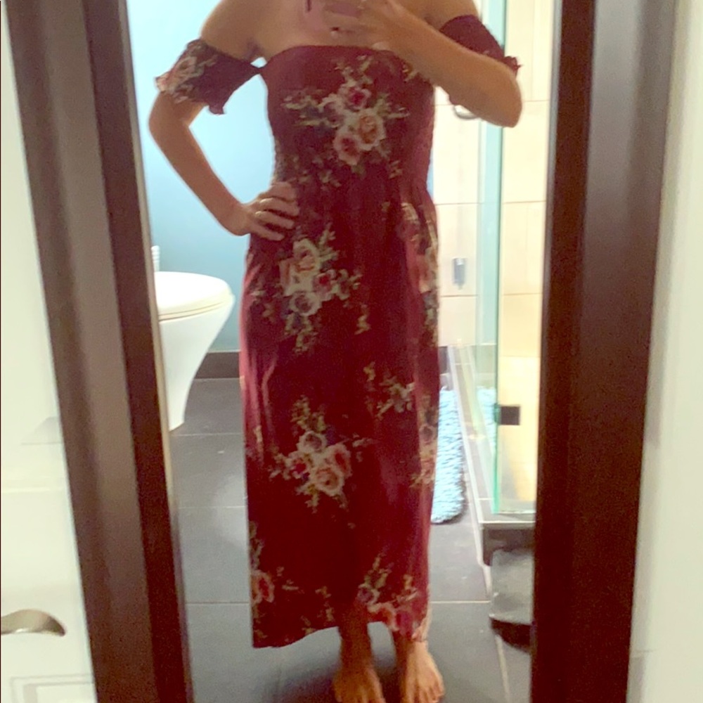 Burgundy off the shoulder maxi dress